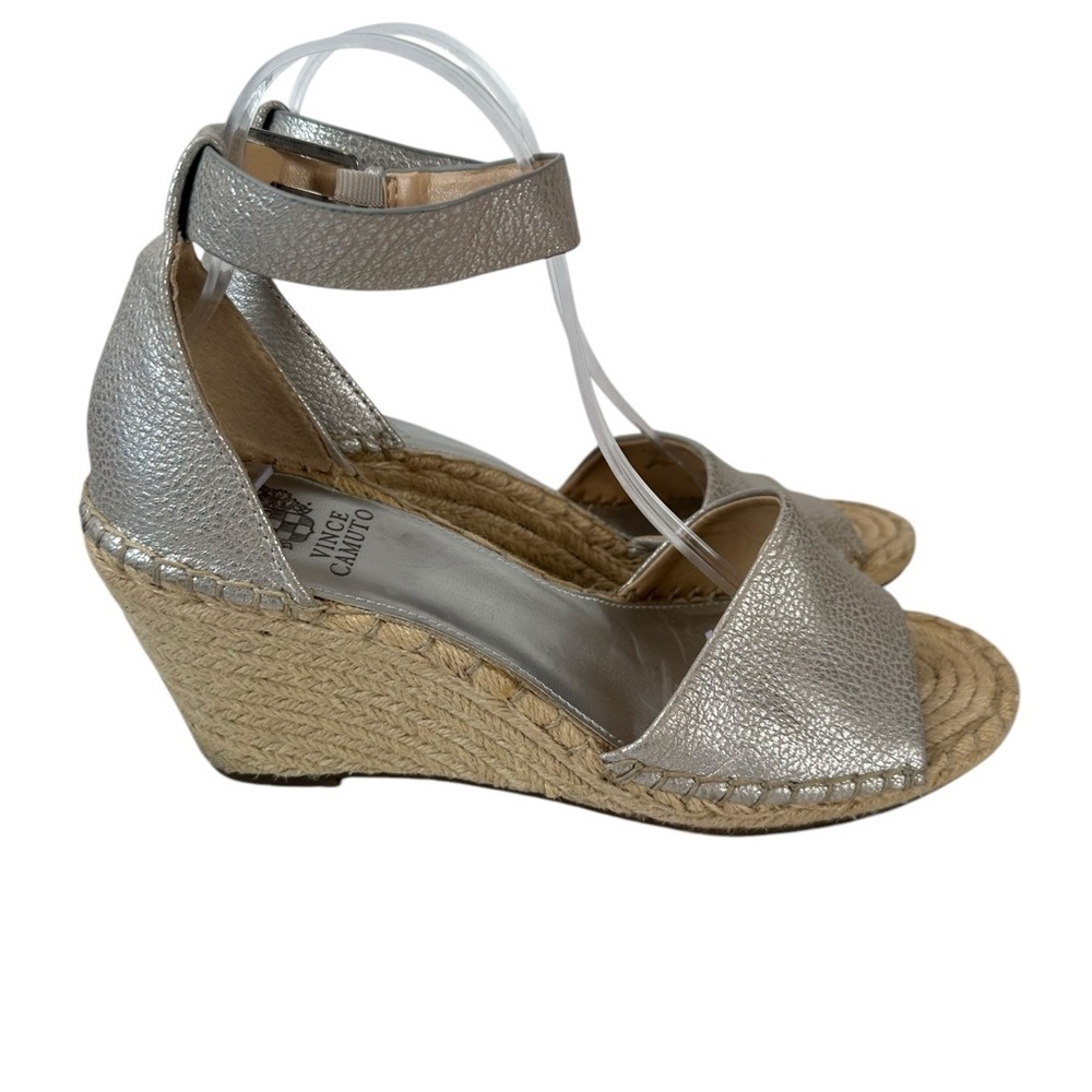 Vince Camuto Leera Silver Espadrille Wedge Sandals Womens Size 10 Metallic Luxe